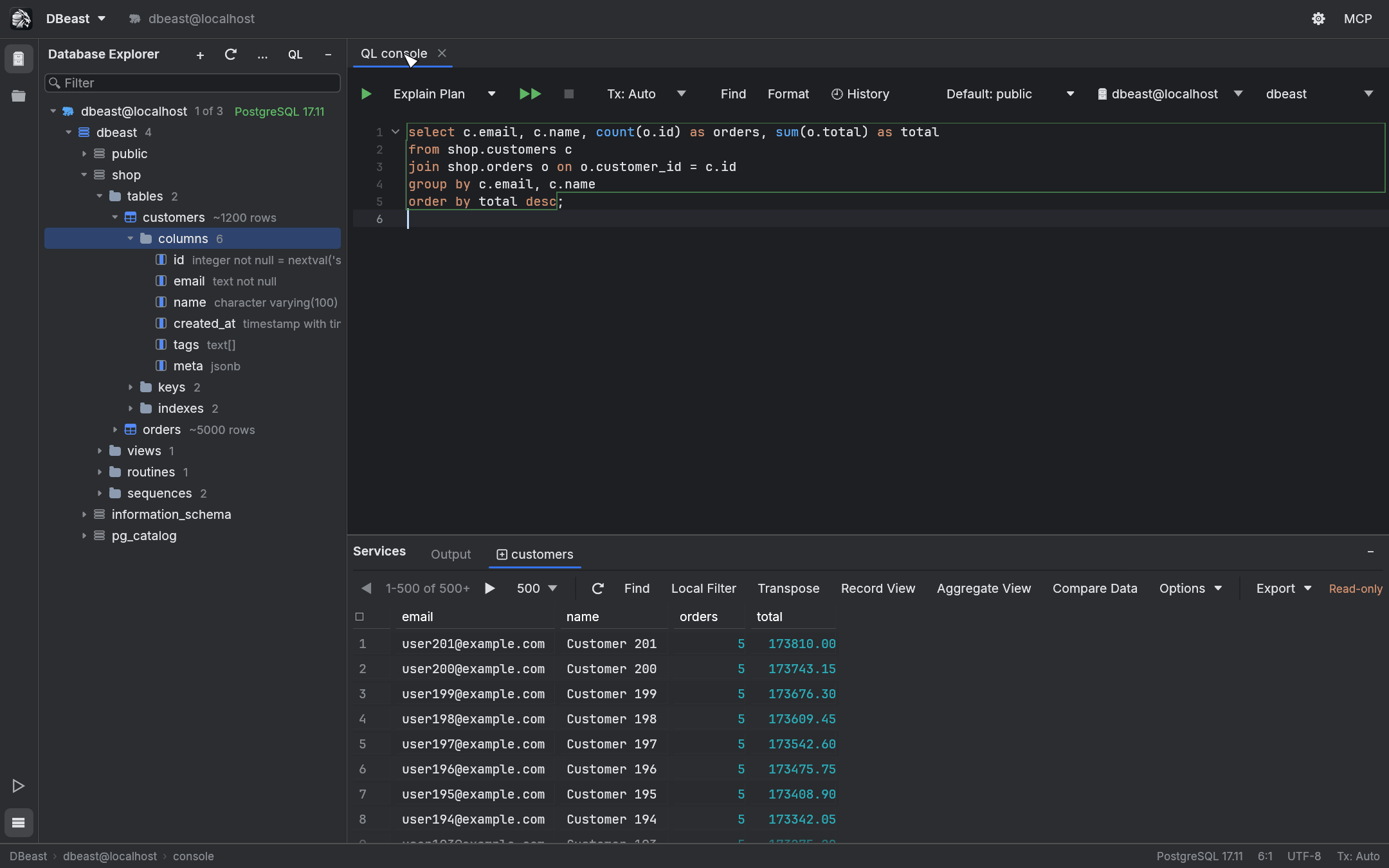 The DBeast SQL console with Database Explorer and a query result