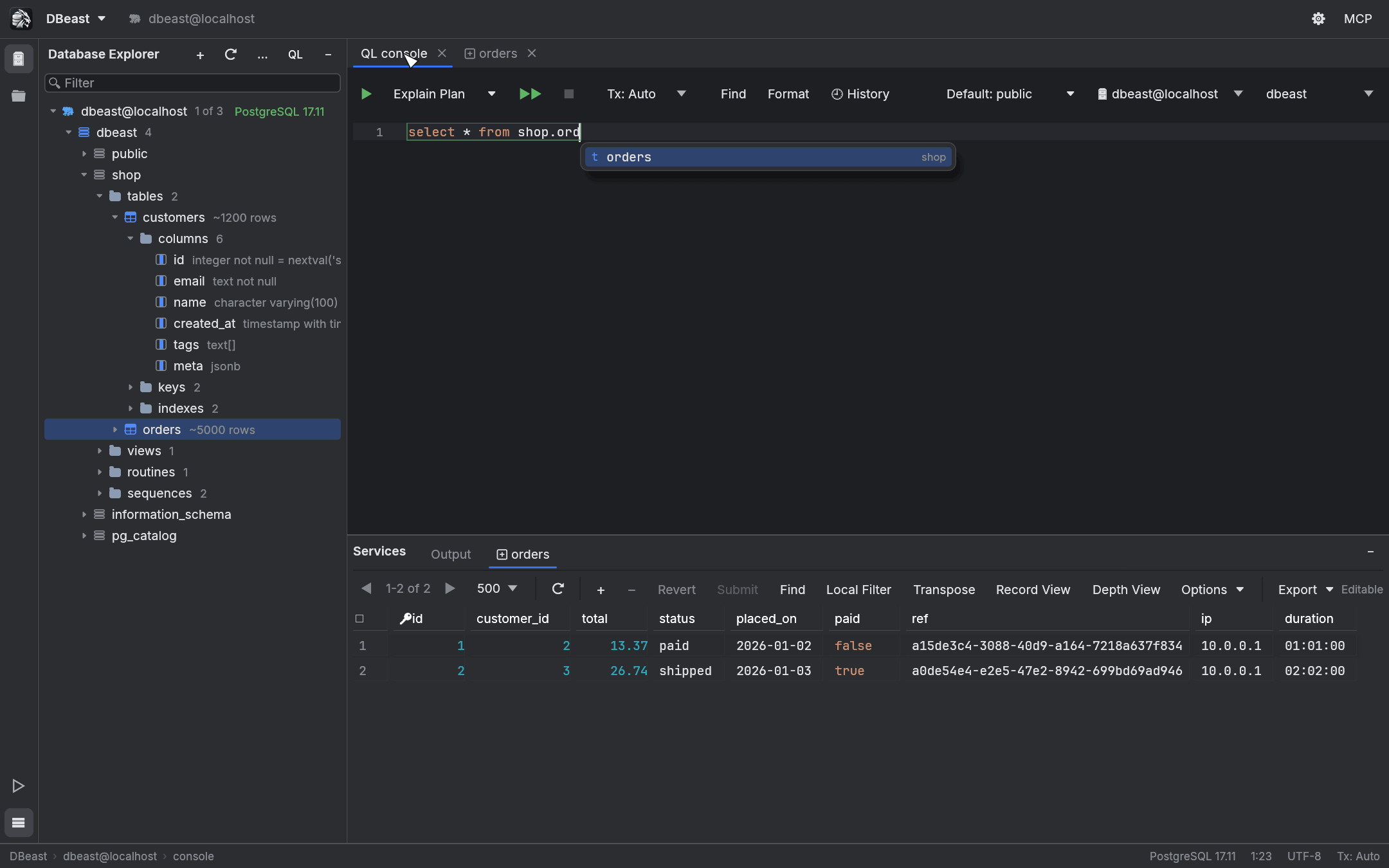 Completion popup suggesting the orders table from the shop schema