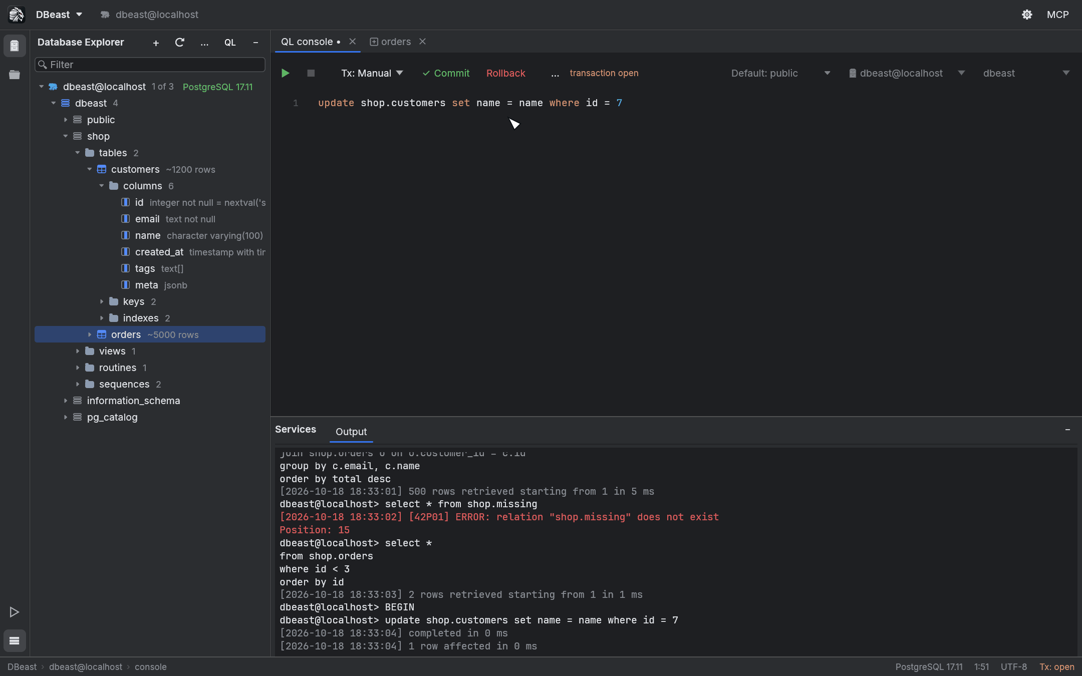 Console in Tx: Manual mode with an open transaction: Commit and Rollback buttons, a dot on the tab and Tx: open in the status bar