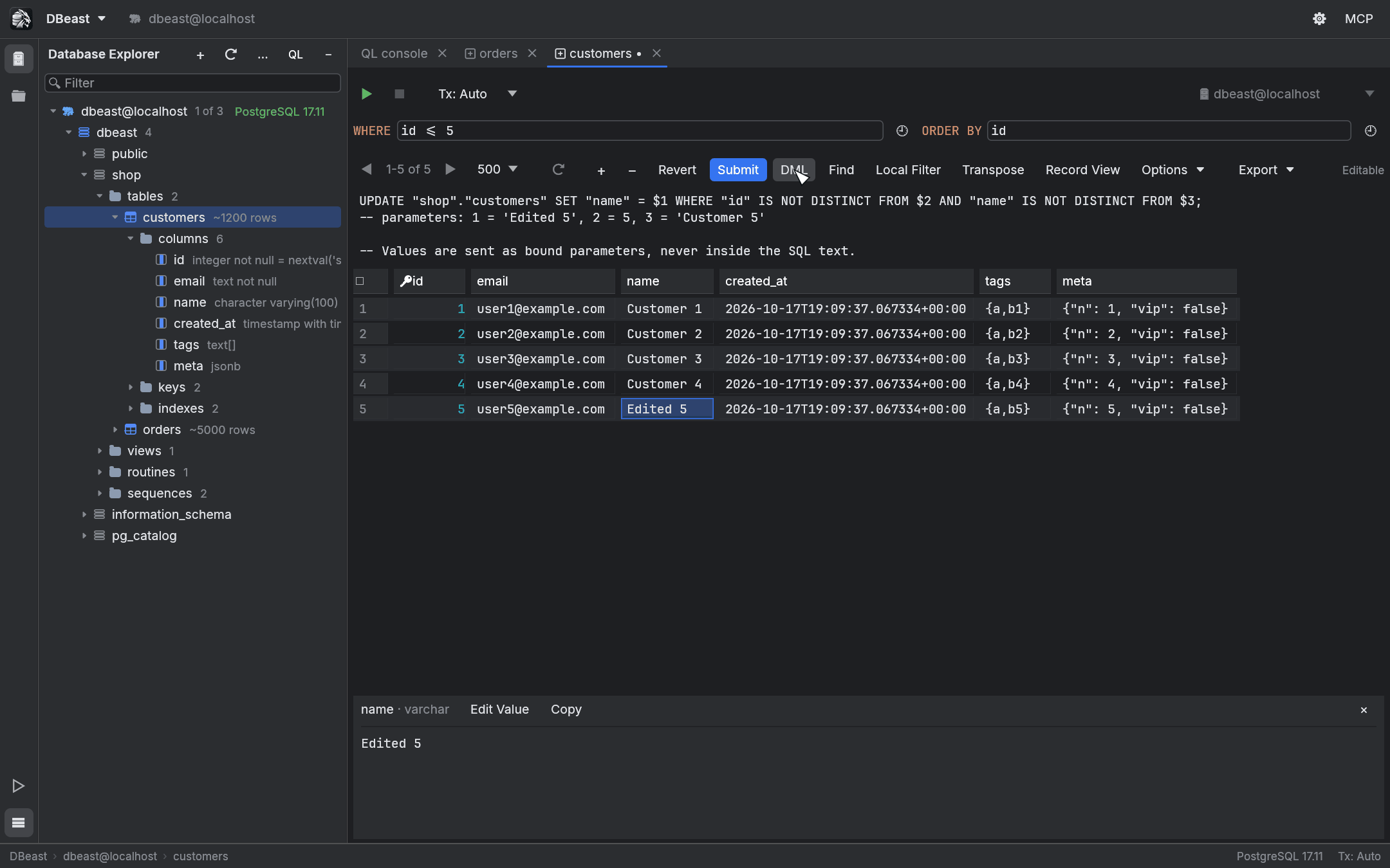 Table editor with an edited cell, the DML preview showing a parameterized UPDATE, and the value panel