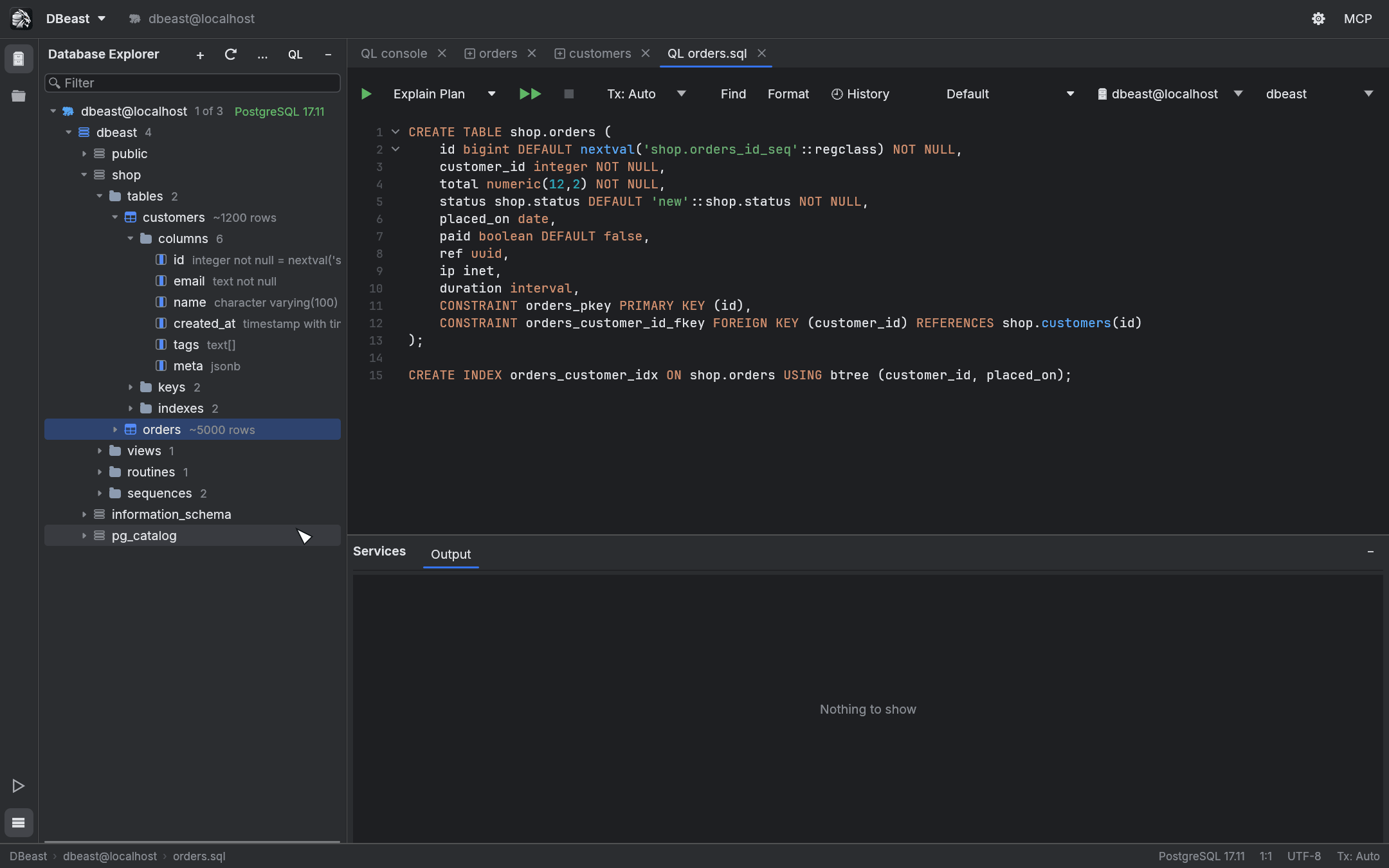 Database Explorer with a PostgreSQL source expanded down to table columns, and generated DDL in a console