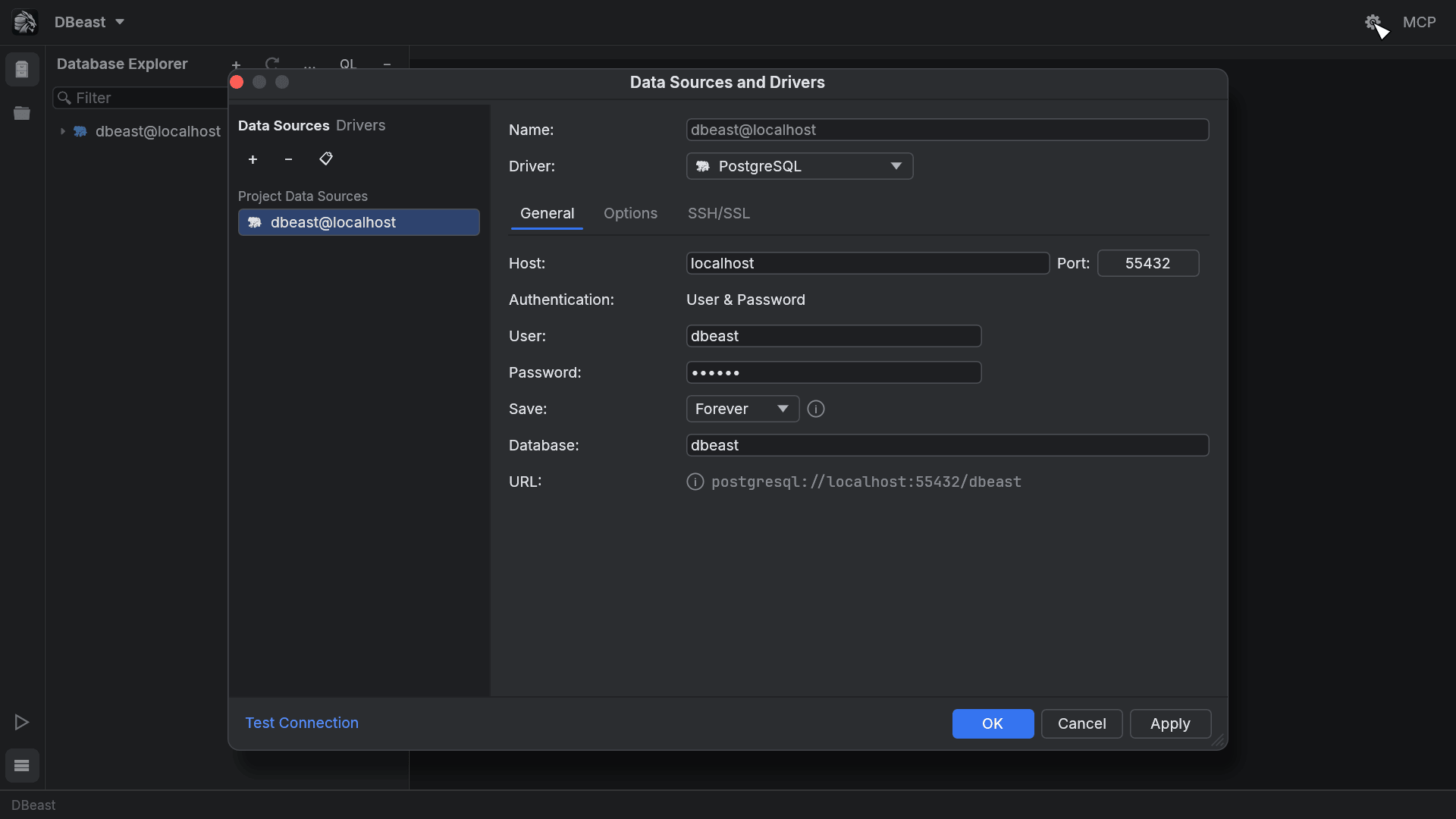 Data Sources and Drivers dialog with a PostgreSQL data source on the General tab