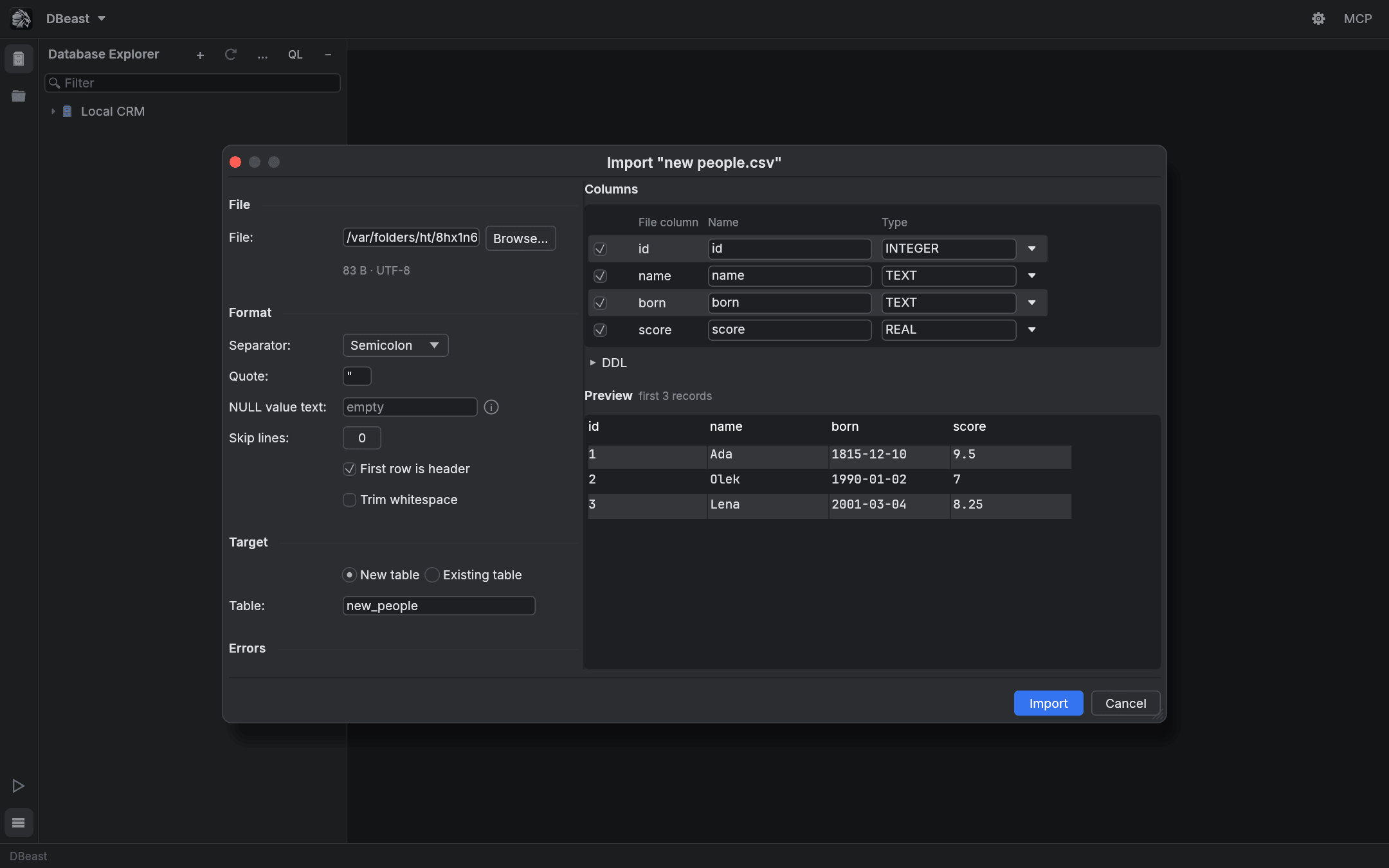 Import dialog for a CSV file creating a new table