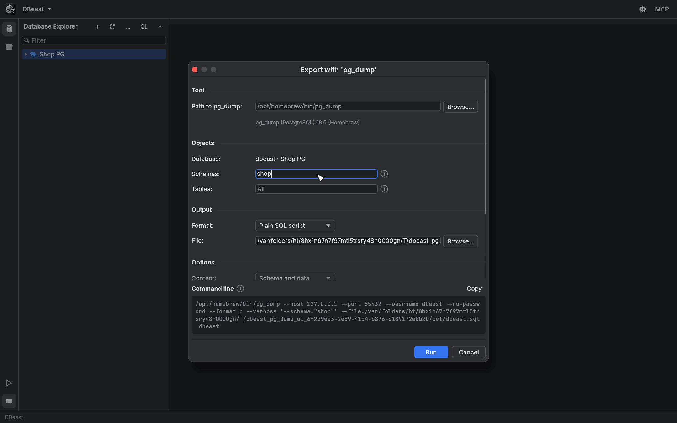 Export with 'pg_dump' dialog with the command line preview