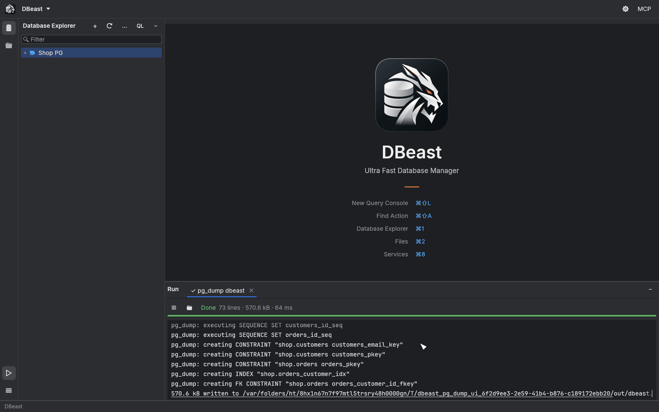 pg_dump finished in the Run window