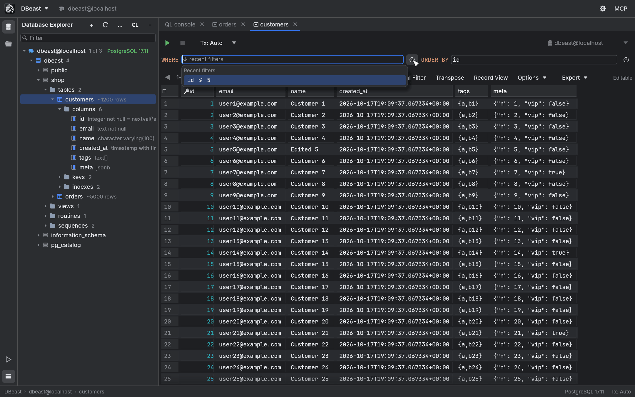 Table editor with the Recent filters list open under the WHERE field