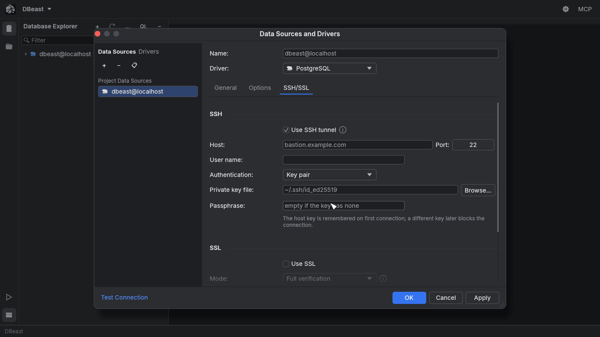 SSH section of the SSH/SSL tab with host, user name, key pair authentication and private key file