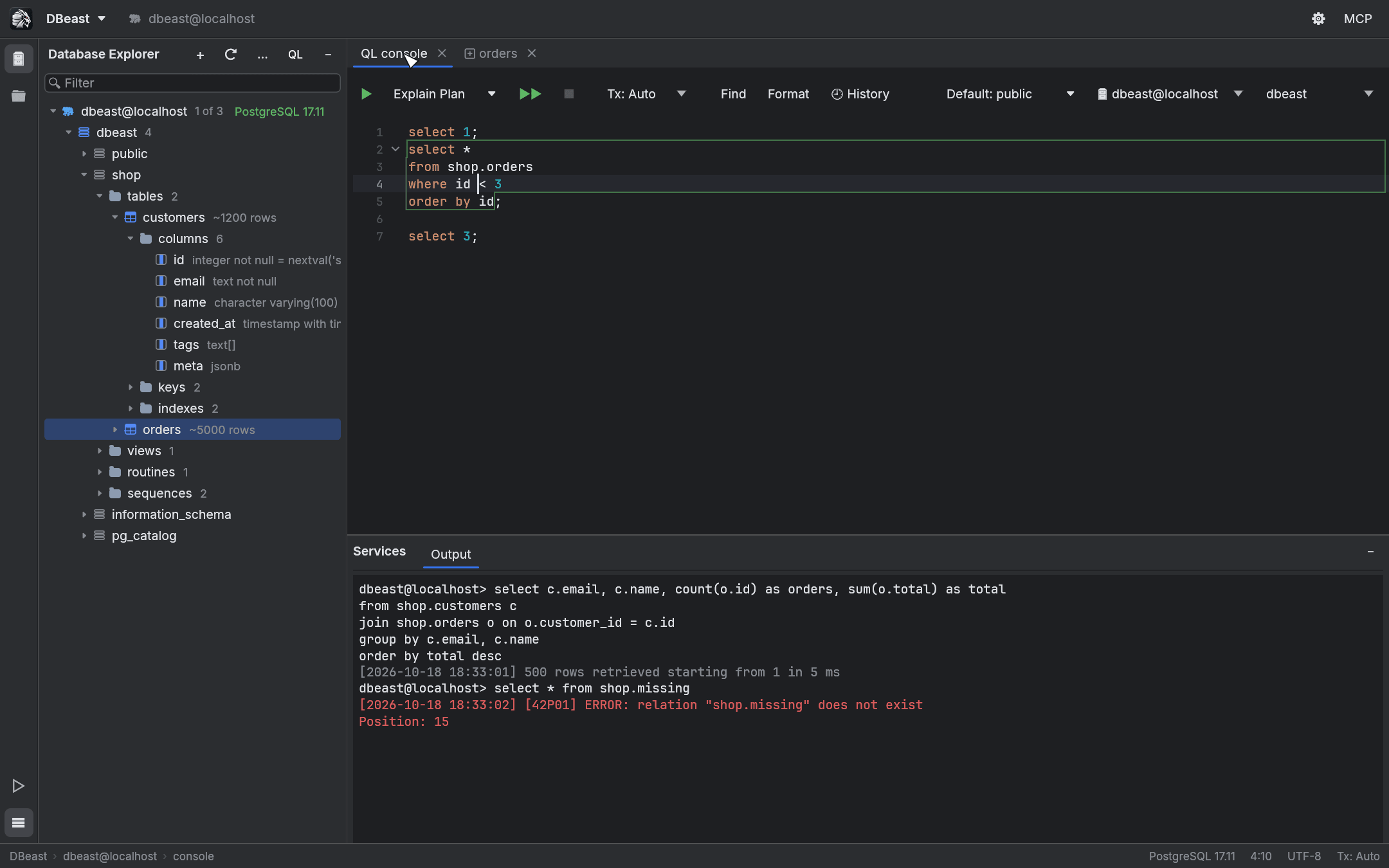 Console with the second of three statements outlined in green, and the Output log below
