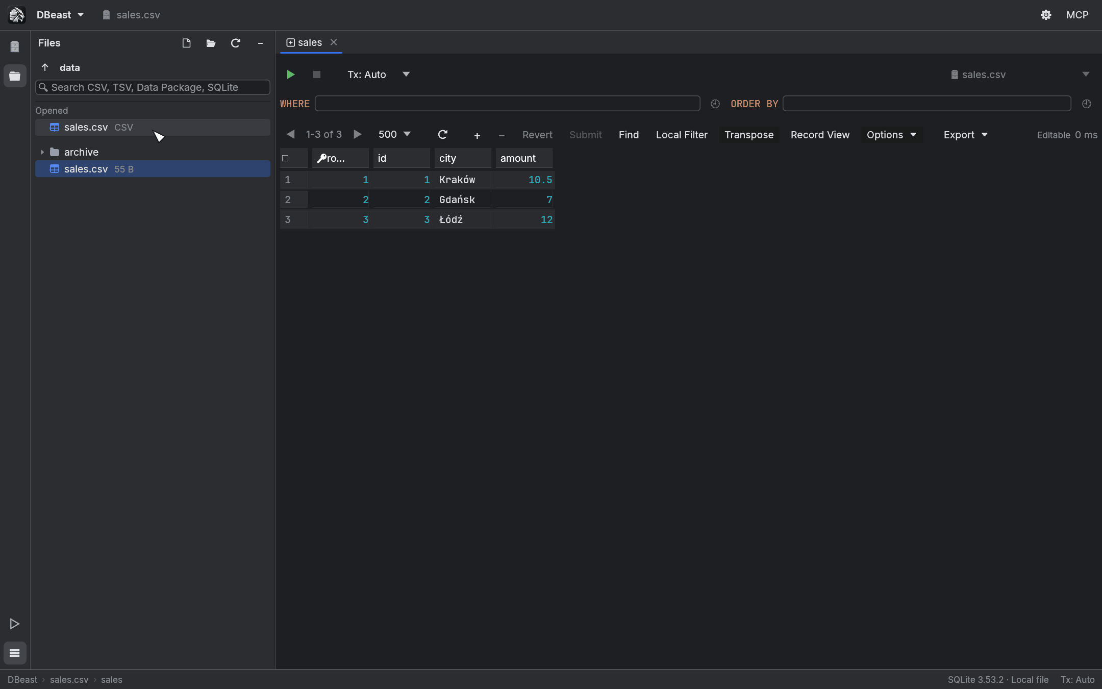A CSV file opened from the Files tool window, shown in the grid with its rows and an Editable result