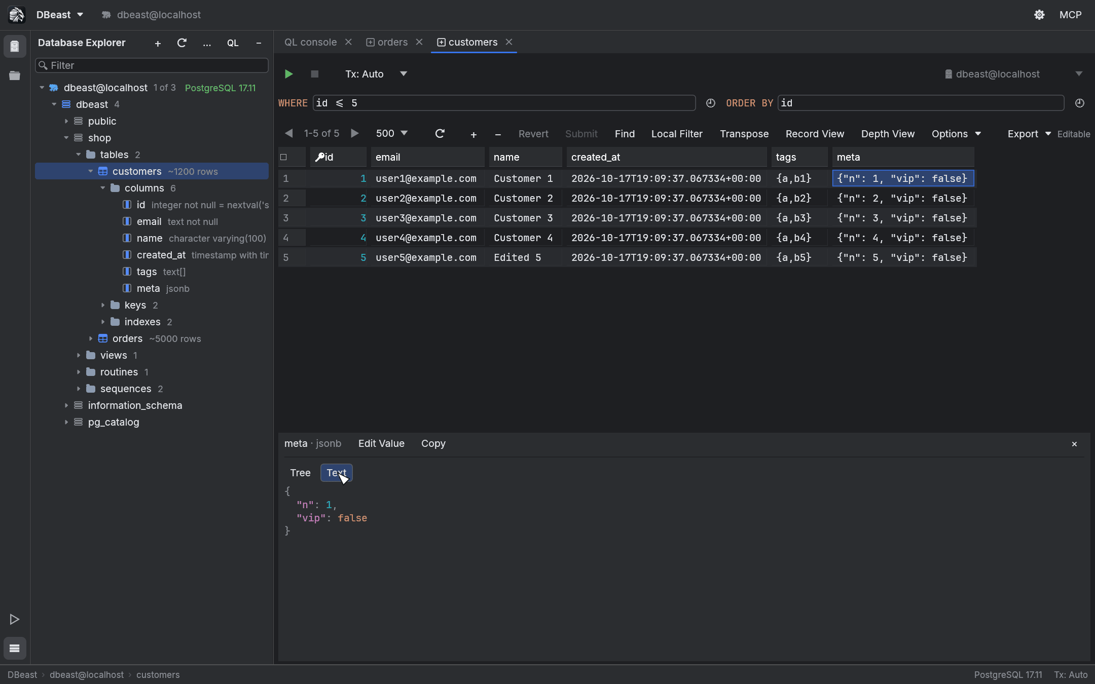 Value panel below the grid showing a jsonb value formatted as text with syntax coloring