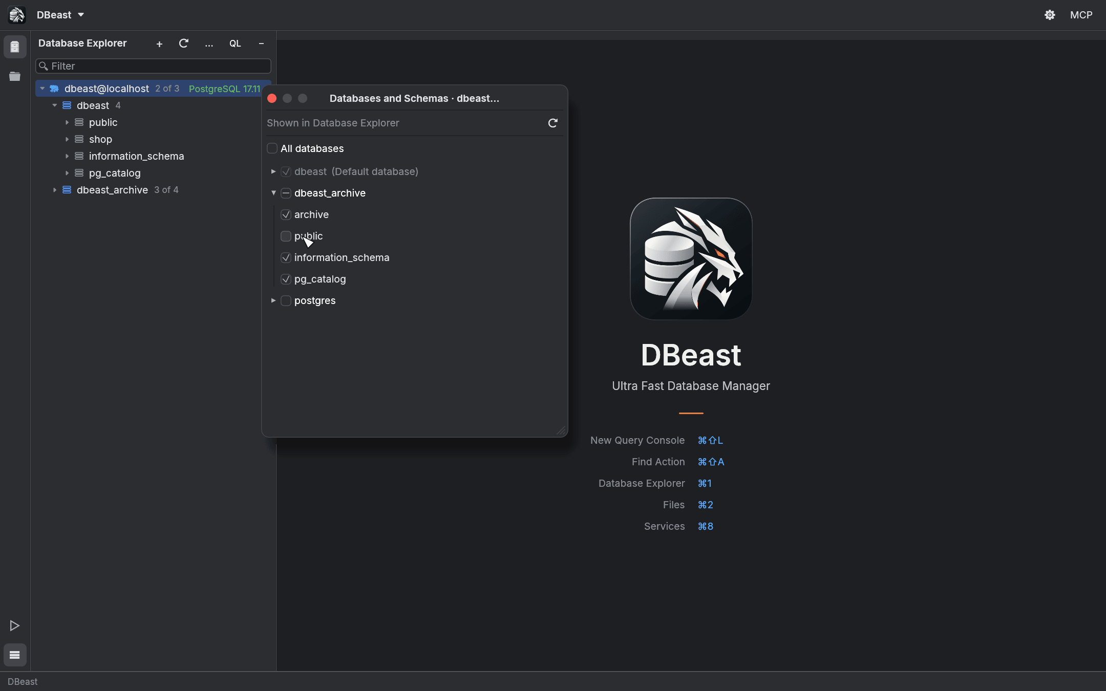 Databases and Schemas chooser with some schemas hidden