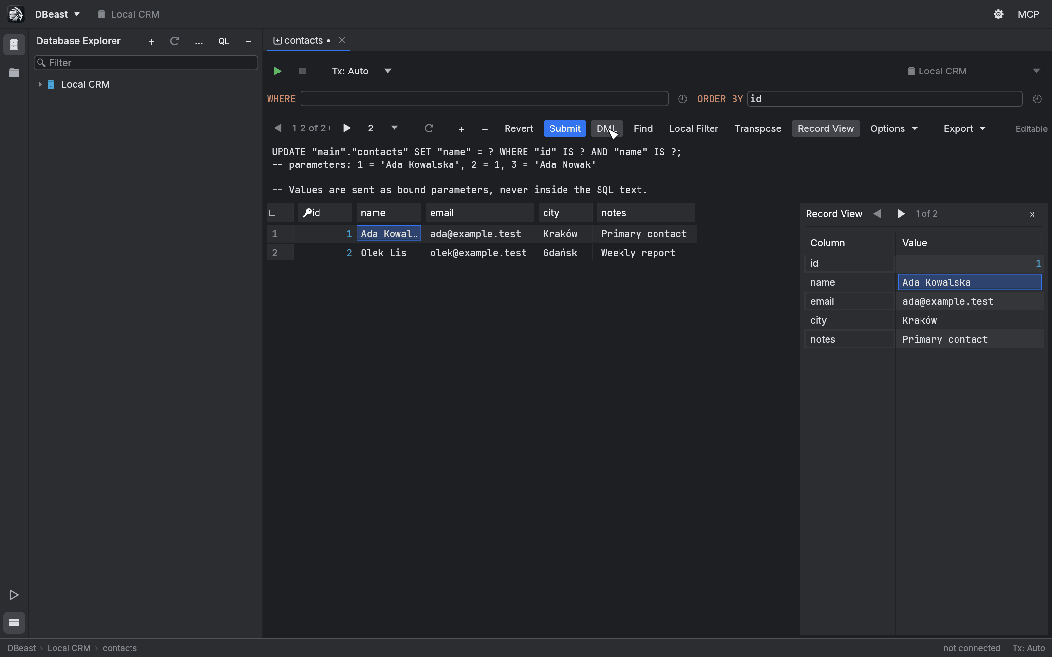 Record View panel showing the selected contact with Column and Value columns, next to the grid