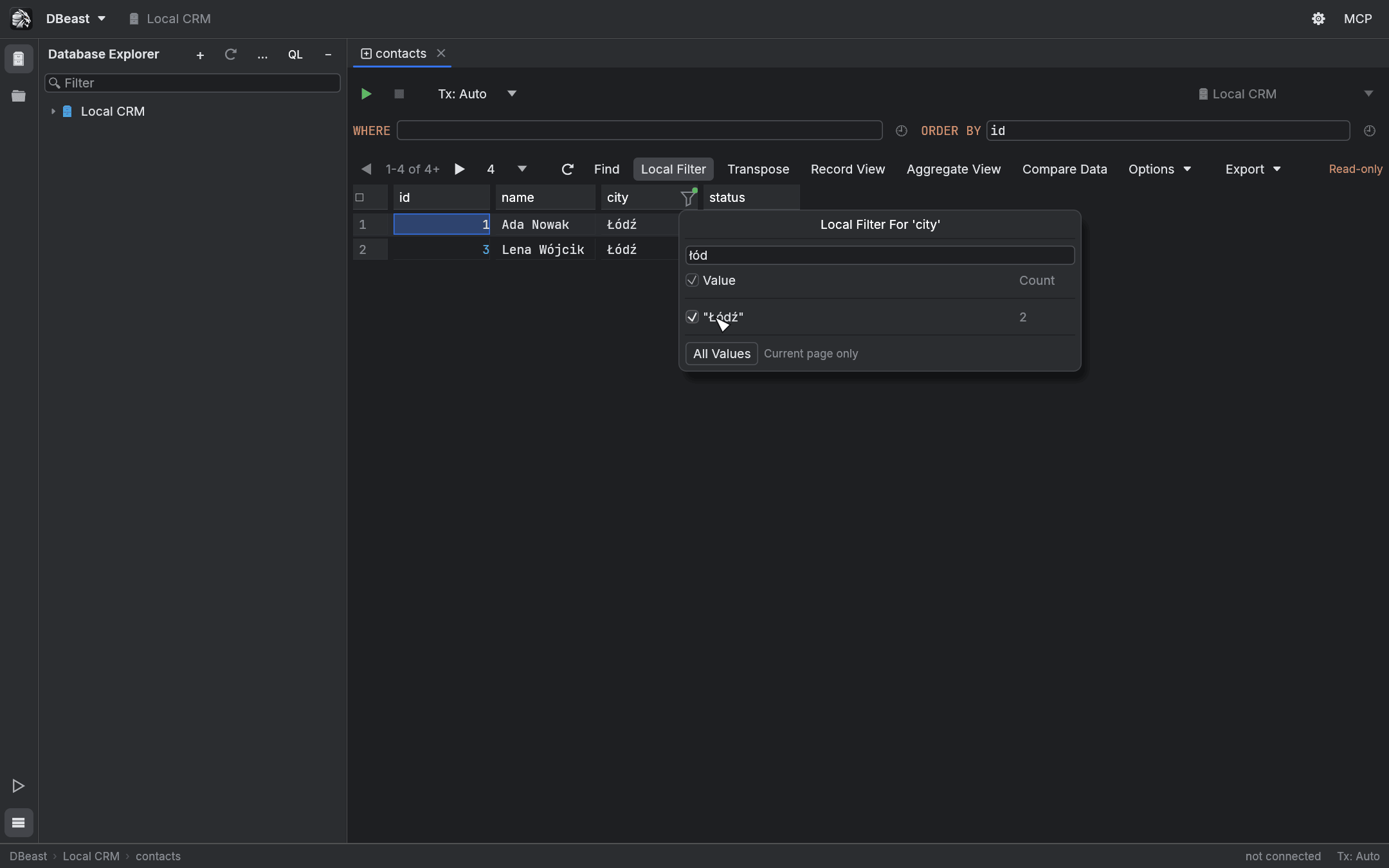Local filter popup for the city column with a search field, a value list with counts and the All Values button