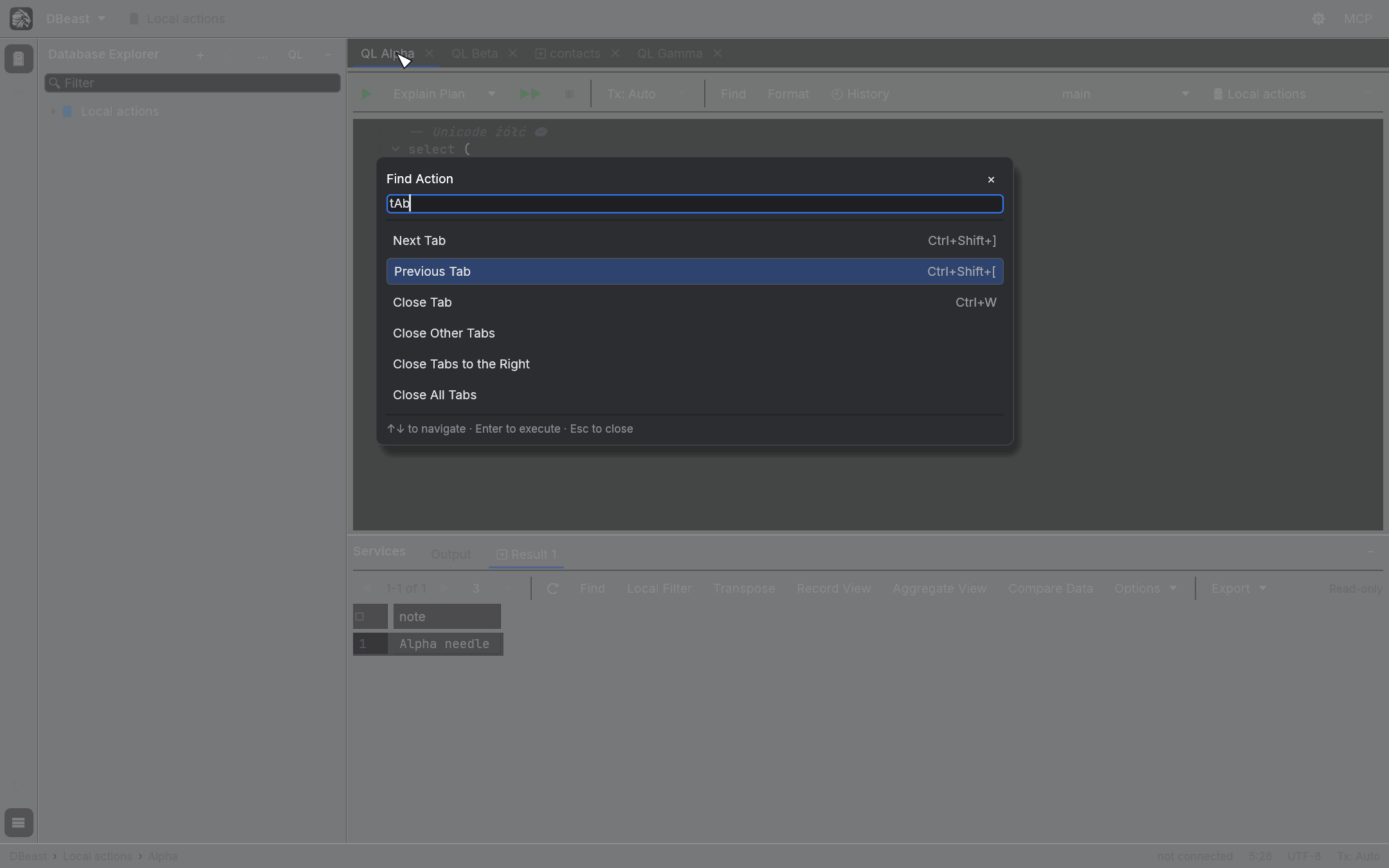 Find Action popup filtering tab commands, with shortcuts shown on the right