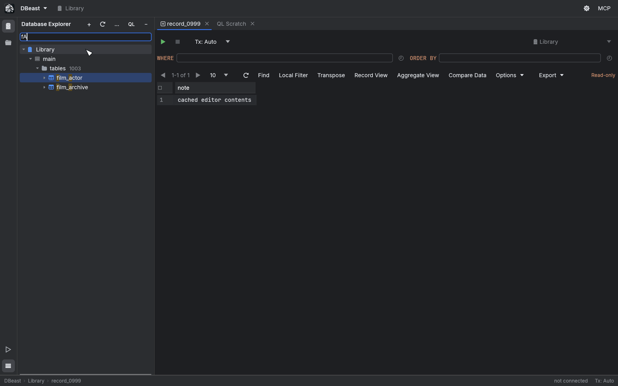 Speed Search with the pattern fA highlighting matching tables