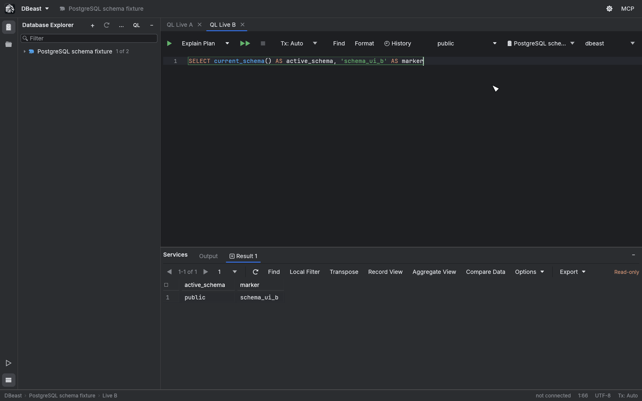 Console toolbar with the schema selector set to public, and a result showing the active schema