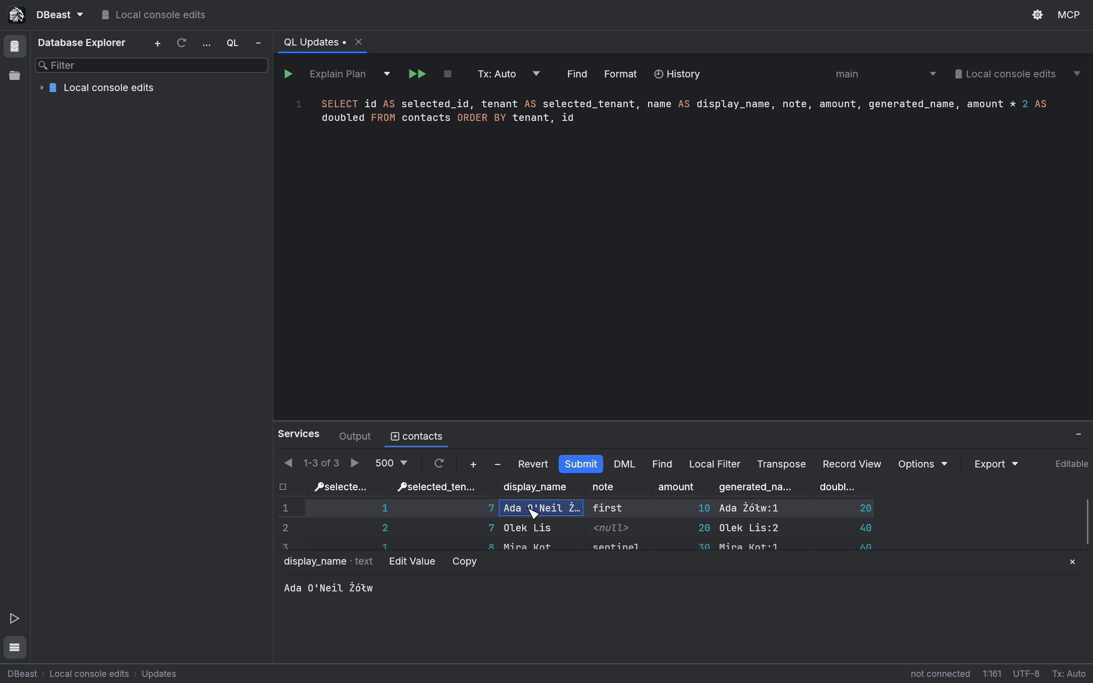 Console result from a single table with aliased key columns, marked Editable, with a cell being edited