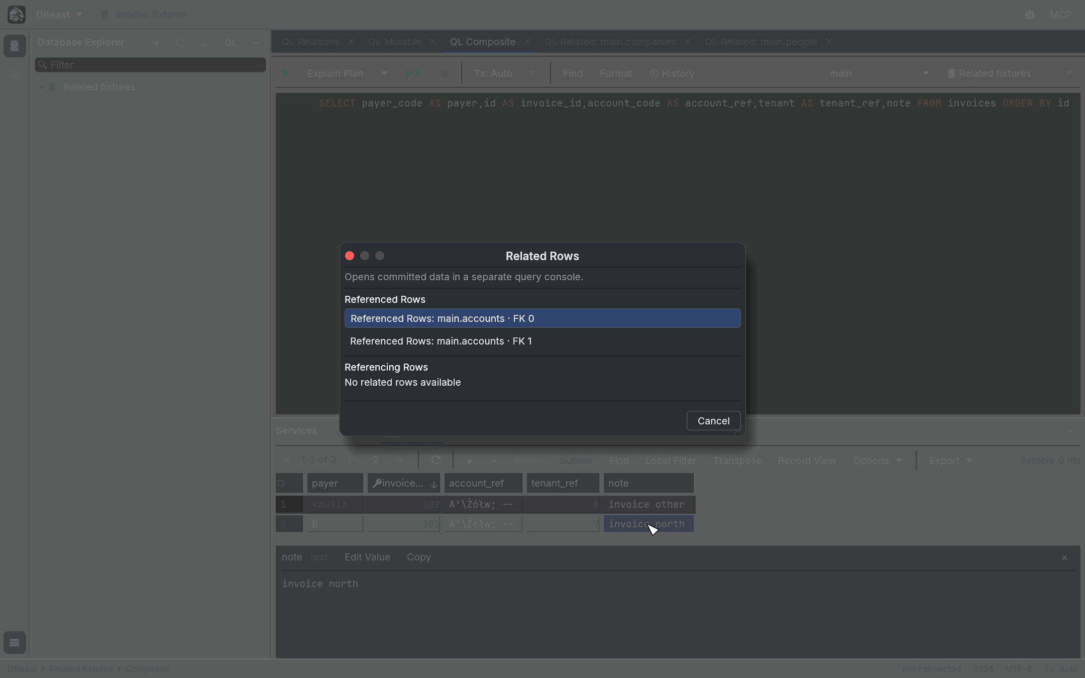 Related Rows chooser listing Referenced Rows for two foreign keys and no Referencing Rows