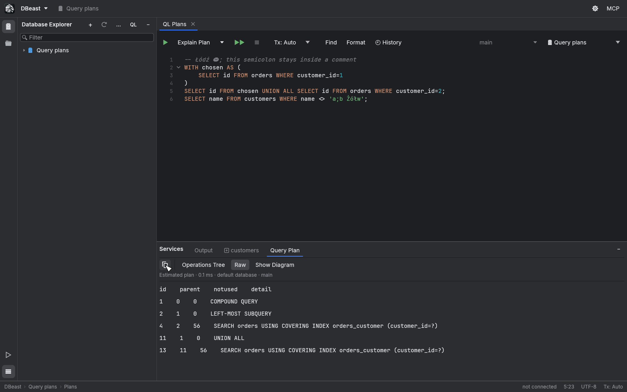 Raw view of a SQLite plan