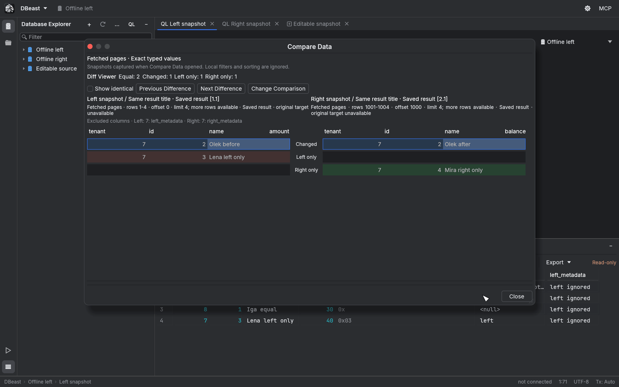 Compare Data diff viewer with changed, left-only and right-only rows highlighted side by side
