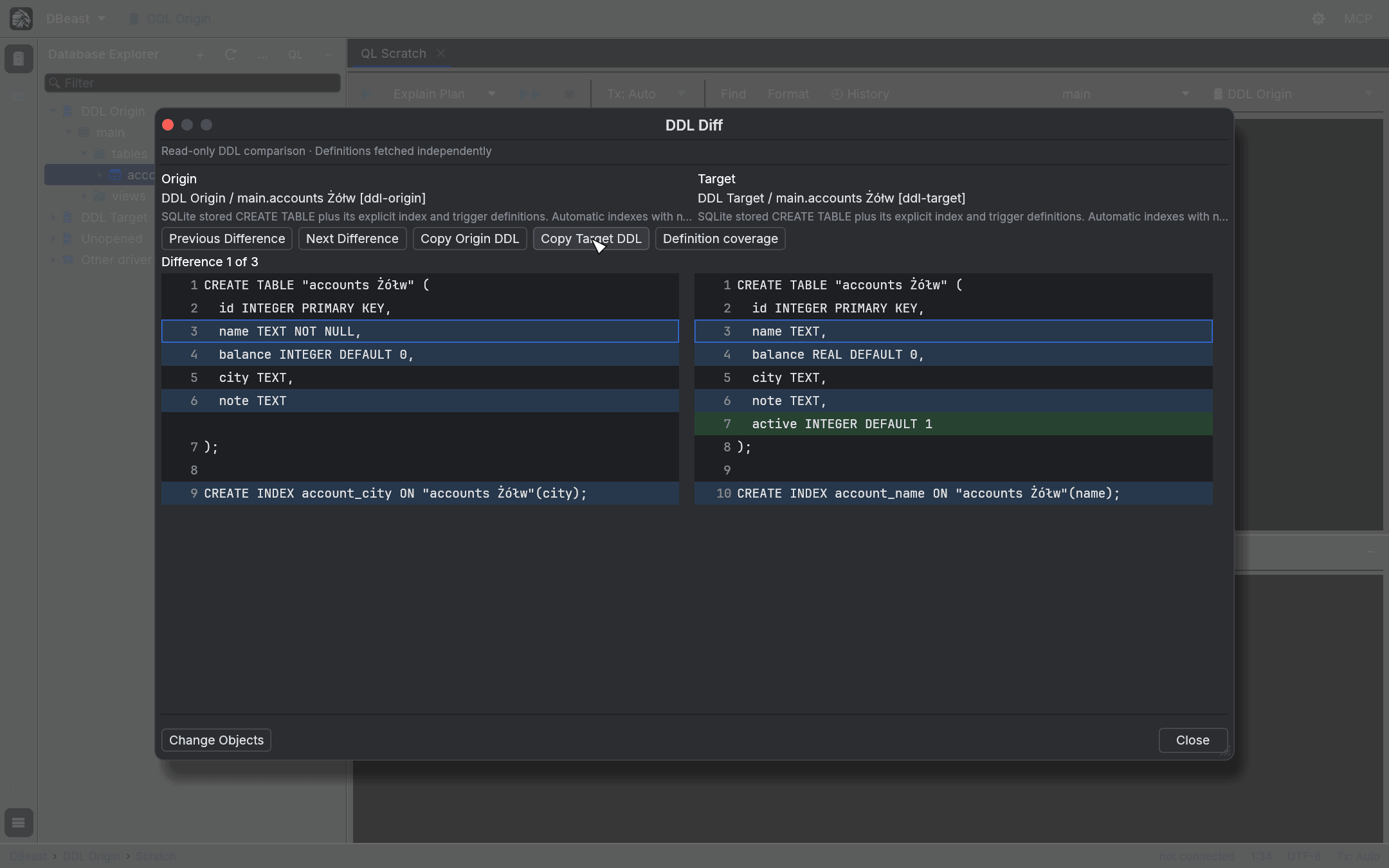 DDL Diff comparing two SQLite tables