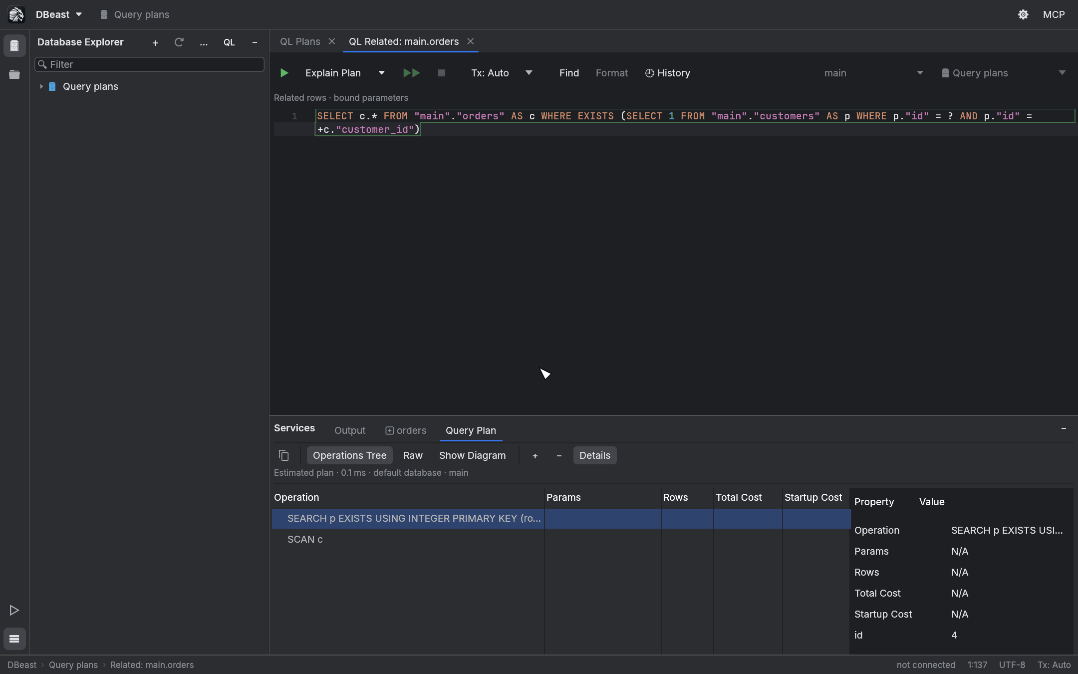 Plan of a Related Rows console with bound parameters