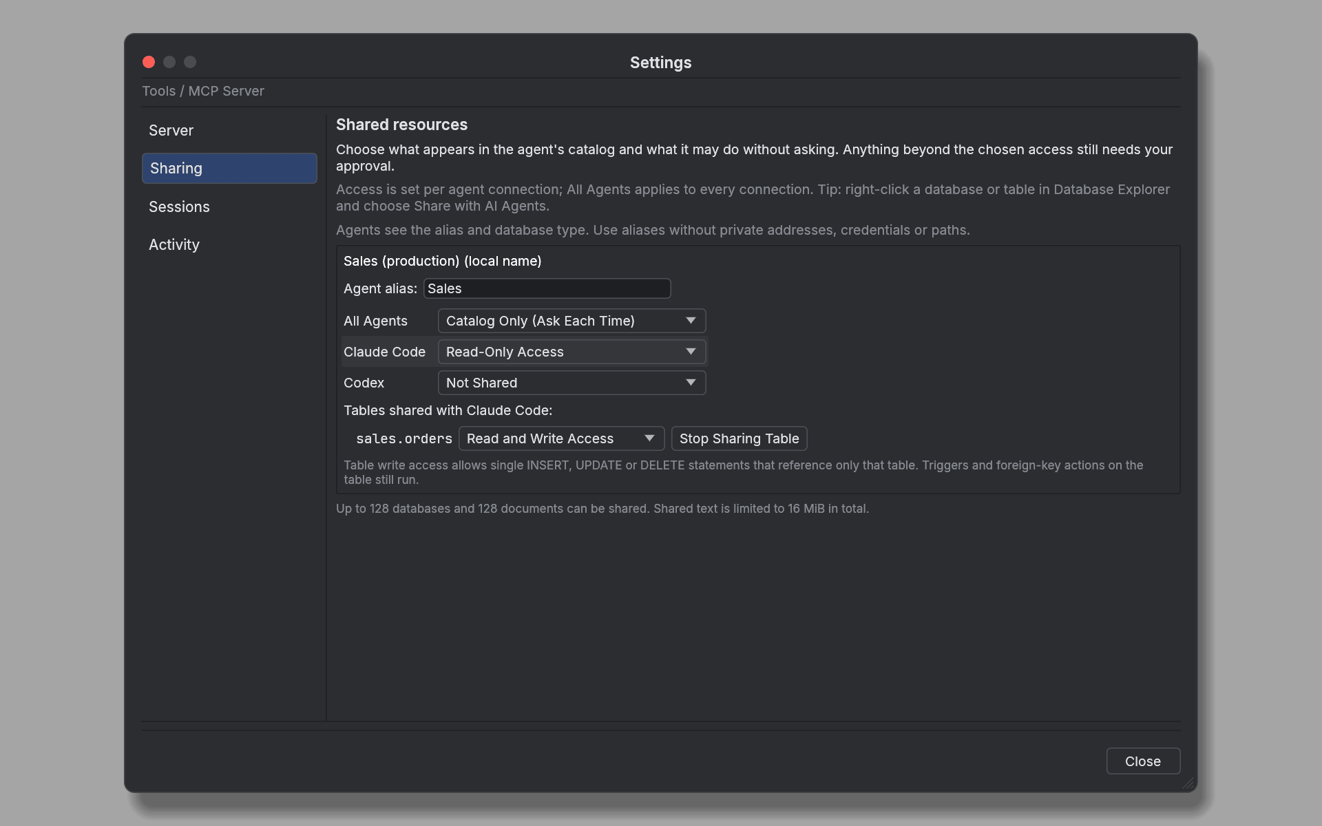 Sharing a source with different access per agent connection