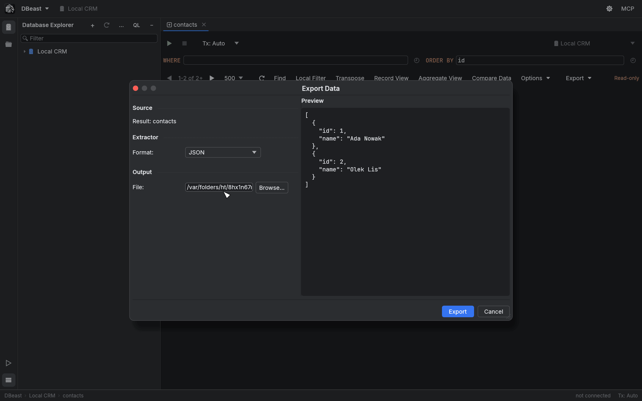 Export Data dialog with JSON preview