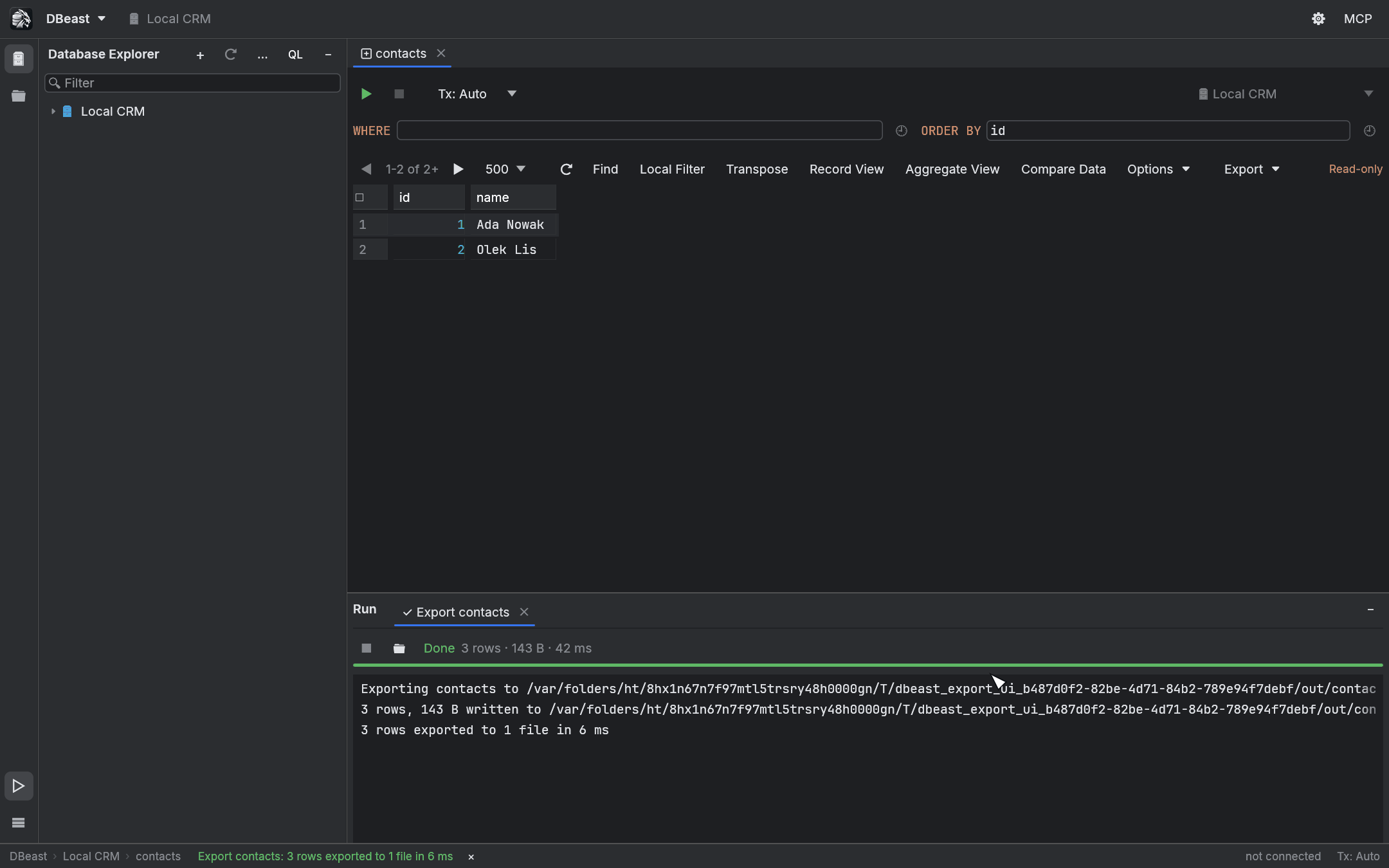 Run window after a finished export, with the status bar message
