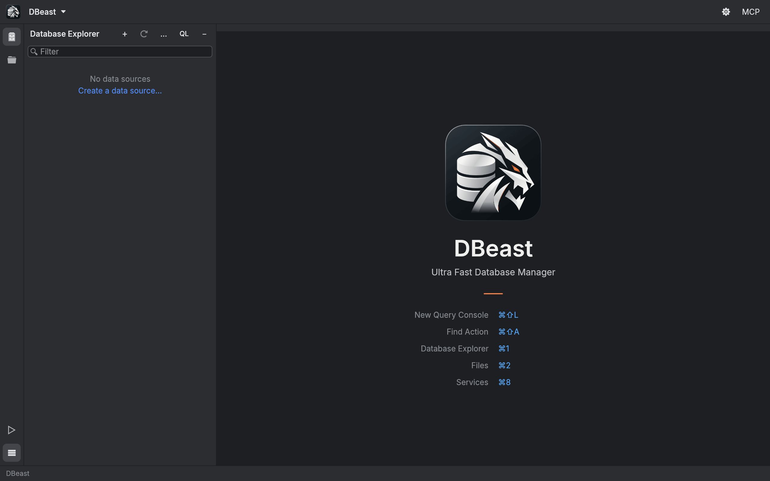 Empty workspace with the Create a data source link and a list of essential shortcuts