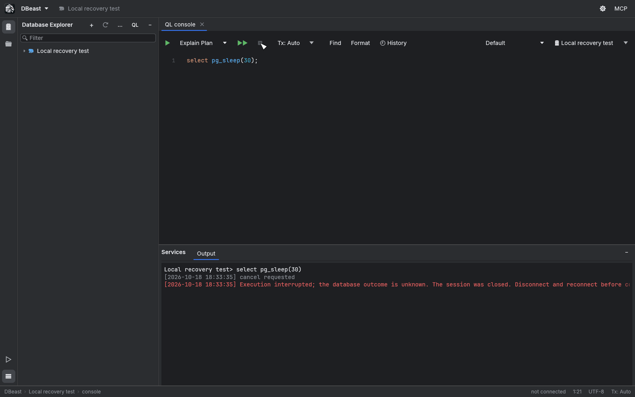 Output log after Stop: cancel requested, then a message that the outcome is unknown and the session was closed